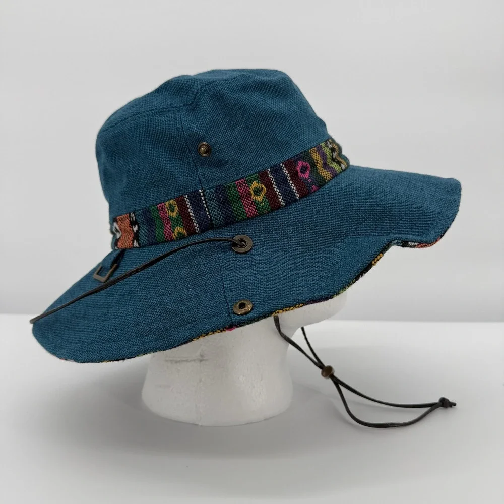Sun Hat Women One Size Teal Blue Woven Tribal Band Chin Strap Outback